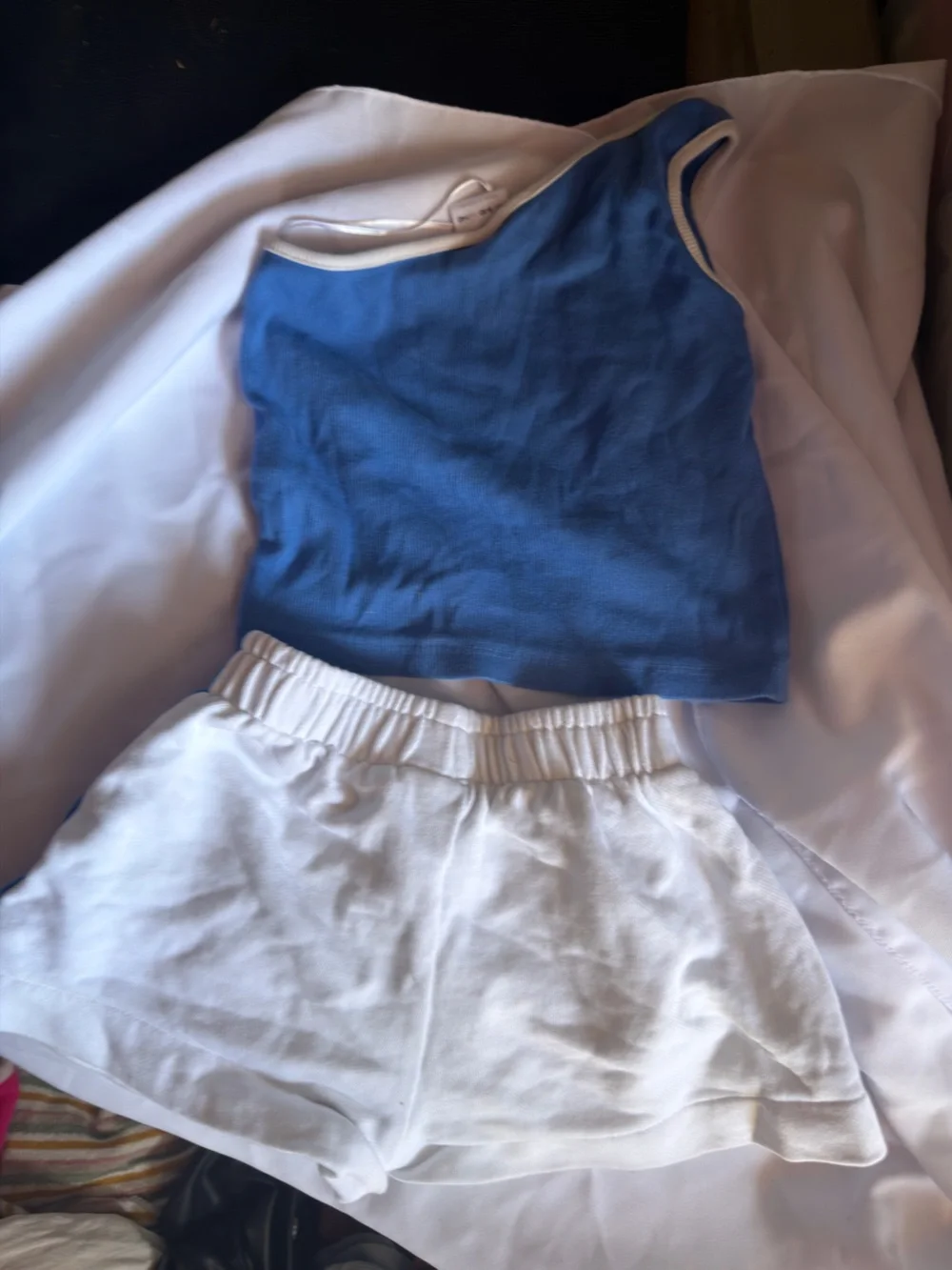 Zara Blue Ribbed Crop Tank with white Trim and Heart Accent